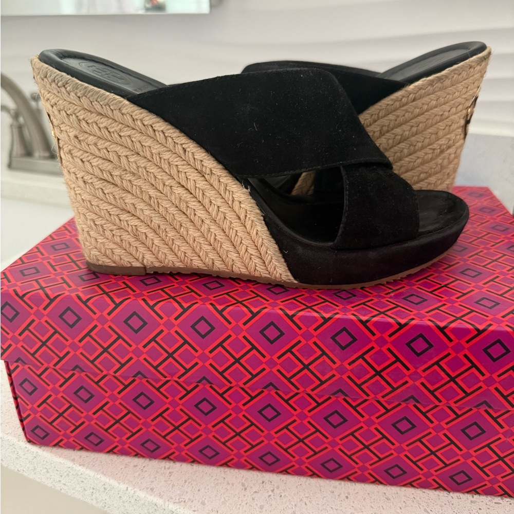 Tory Burch Black Suede Sandals with Tan Wedge